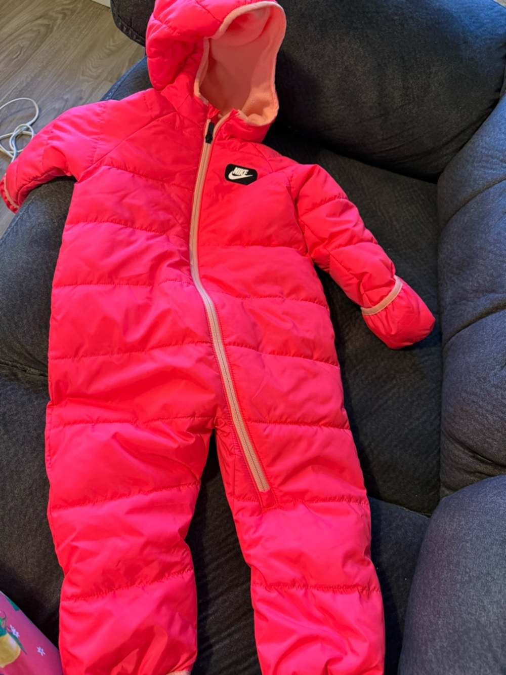 Nike Swoosh Puffer Hooded One Piece Bunting Snowsuit Racer Pink 18 Months